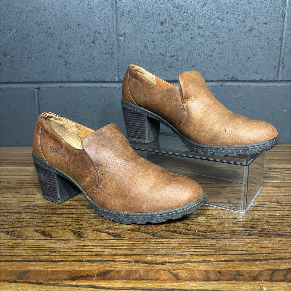 BOC Born Concept Brown Leather Ankle Booties Chunky Heel Slip On Women’s 9.5
